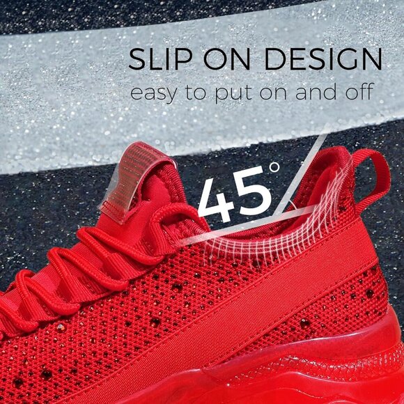 🆕 Red Rhinestone Mesh Slip-On Walking Shoes Fashion Glitter Breathable Sneaker - Picture 9 of 9